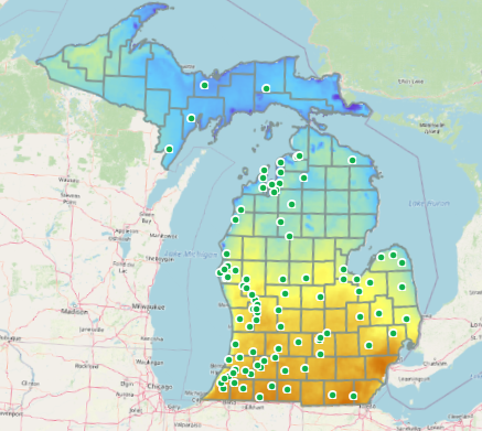Map of Michigan showing cumulative growing degree days.